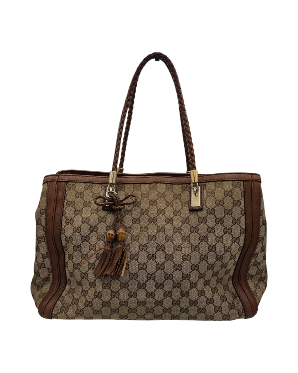 Gucci GG Monogram Canvas Bella Medium mit geflochtenen Henkeln, Lederquasten und Bamboo details.